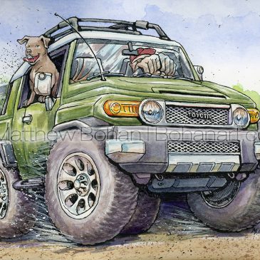 Toyota FJ Caricature (7×10-inch Watercolor and Ink on Arches 140lb HP Paper)