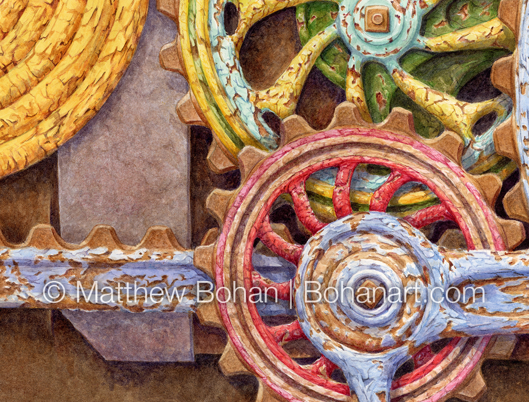 Northern House Wren on Gears (detail from 18x24 inch Transparent Watercolor on Arches 140lb HP Paper)