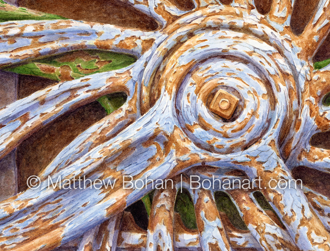 Northern House Wren on Gears (detail from 18x24 inch Transparent Watercolor on Arches 140lb HP Paper)