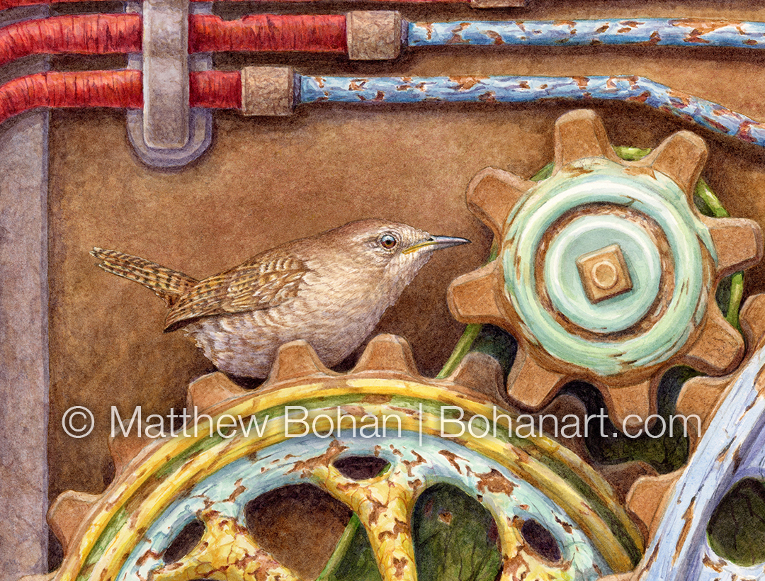 Northern House Wren on Gears (detail from 18x24 inch Transparent Watercolor on Arches 140lb HP Paper)