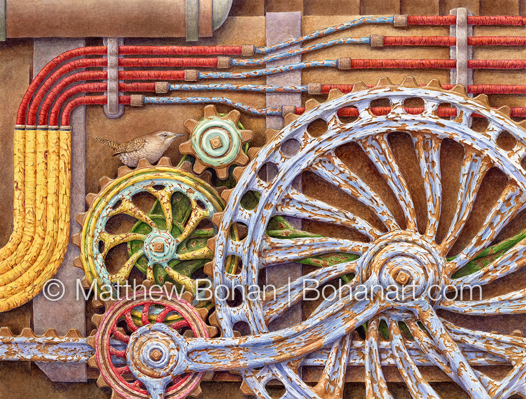 Northern House Wren on Gears (18x24 inch Transparent Watercolor on Arches 140lb HP Paper)