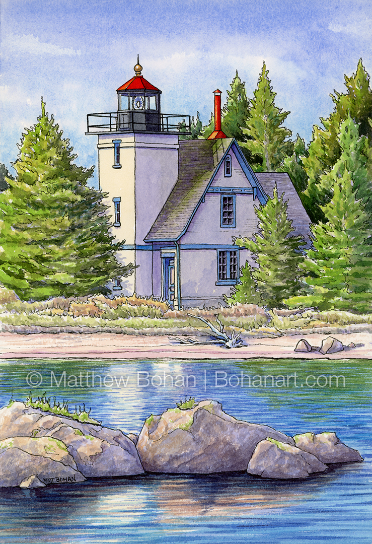 Mendota Lighthouse Bete Grise, Michigan (Transparent Watercolor and Ink on Arches 140lb CP Paper)