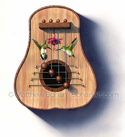 Hummingbird Door Harp (10x14 inch Transparent watercolor on Arches 140lb HP Paper)